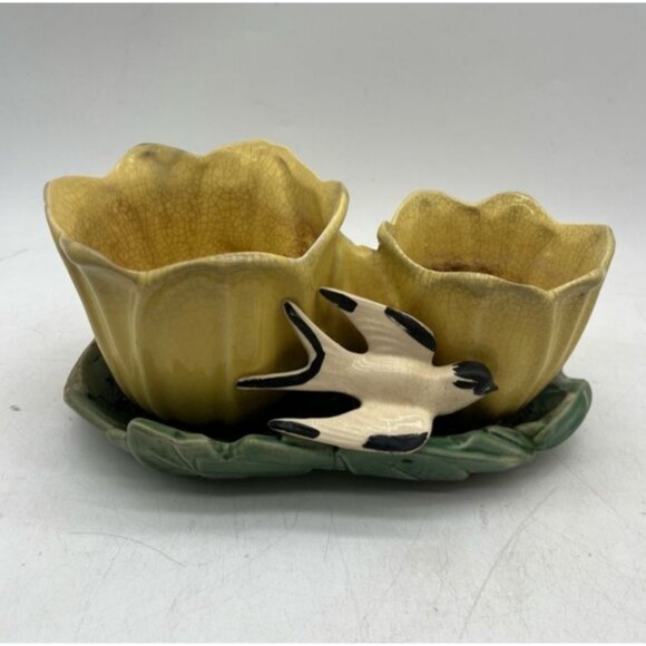 Vintage McCoy Planter Double Tulip With Swallow 1940s Ceramic 7" H Yellow - Picture 1 of 6